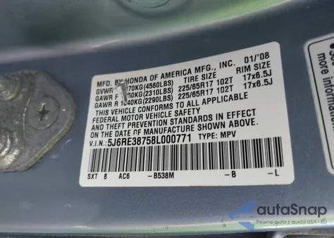 2008 Honda Cr-V Ex-L from USA, damaged, VIN 5J6RE38758L000771